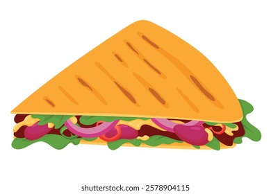 Tasty quesadilla cartoon illustration isolated on white background. Mexican fast-food snack, street food take away tex mex meal. Tortilla sandwich with meat, beans, melted cheese and vegetables