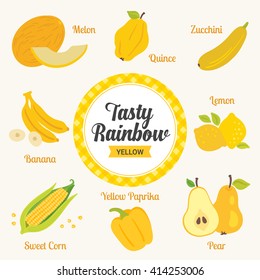 Tasty rainbow set. Yellow color. Fruits and vegetables. Melon, quince, zucchini, banana, lemon, sweet corn, yellow paprika, pear. Vector illustration.