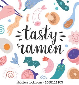Tasty ramen menu cover template, vector background, lettering logo and hand drawn illustrations of ramen noodle soup with chopsticks and ingredient, trendy flat art for cafe, restaurant