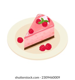 Tasty raspberry cheesecake slice on plate, flat vector illustration. Sweet fruit dessert, delicious pastry, cheesecake snack.