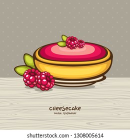 Tasty raspberry cheesecake vector illustration. Traditional berries dessert. Sweet cake illustration for decoration bakery, menu and logo.