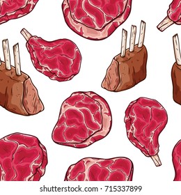 tasty raw meat and steak in seamless pattern with colored hand drawn style