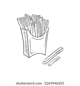 Tasty realistic french fries in carton board box drawing isolated on white background. Hand drawn vector sketch illustration in doodle engraved vintage style. FAst food, unhealthy nutrition, menu