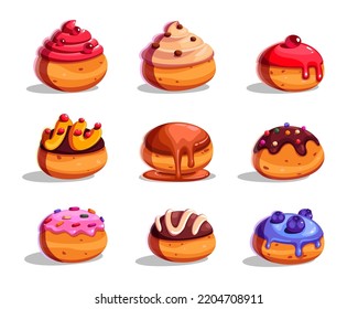 Tasty realistic Hanukkah donuts cartoon illustration set. Jelly doughnuts with different frosting and fruit jam. Traditional food for Jewish holiday. Cake, dessert, Judaism, tradition conceptv