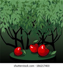Tasty red apples in the mystic garden. Vector illustration with apples on the table in dark mystic garden. Vector is EPS8. All elements are grouped.