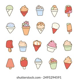 Tasty and refreshing ice cream. Cold dessert with various flavors. Hand drawn style. Vector drawing. Collection of design elements.