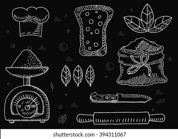 Tasty Restaurant Food Sketch Drawing On Chalkboard Or Blackboard, With Chef Cap, Bread, Knife, Wheat Flour Bag, Scale And Loaf, For Cafe And Restaurant Menu Design