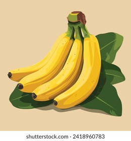 Tasty ripe ripe bananas with fresh green leaves flat style cartoon illustration 