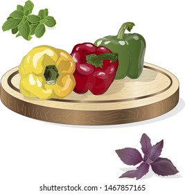 Tasty ripe bell peppers on white background. Vector illustration, separate layers per item.