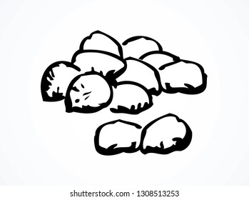 Tasty ripe dry small teff herb pile on white backdrop. Freehand outline black ink hand drawn farm plant logo icon emblem in retro art doodle cartoon graphic style. Closeup view