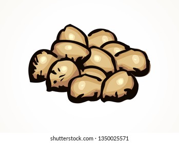 Tasty ripe dry small teff herb pile on white backdrop. Freehand outline black ink hand drawn farm plant logo icon emblem in retro art doodle cartoon graphic style on paper space for text. Closeup view
