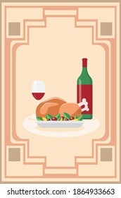 Tasty roasted turkey or chicken with vegetables on a plate and glass of red wine, traditional holiday dinner.
