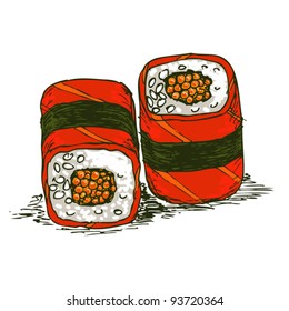 Tasty rolls with caviar and salmon isolated over white bachkground, vector illustration.