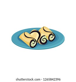 Tasty rolls with cream cheese and greens. Delicious snacks on blue plate. Appetizing food. Flat vector design