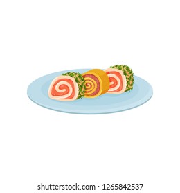 Tasty rolls with red filling and greens. Delicious snacks for holiday banquet. Appetizing food. Flat vector icon