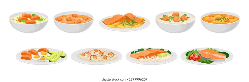 Tasty Salmon Fish Dish Served on Plate Vector Set