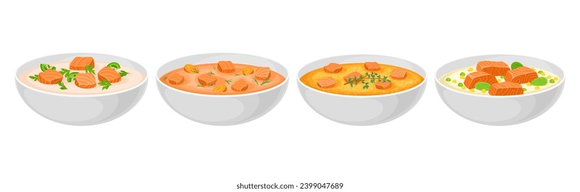 Tasty Salmon Fish Soup Dish Served in Bowl Vector Set