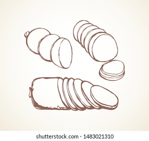 Tasty salt butcher pork smoked cured bratwurst on white picnic backdrop. Freehand outline black ink hand drawn butchery shop menu emblem logo in retro doodle engraved style pen on paper space for text