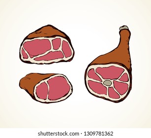 Tasty salt fat pig jerky ribeye cured wurst snack on white backdrop for text. Bright red color hand drawn natural mutton hamon meal shop grocery menu logo icon in retro doodle cartoon graphic style
