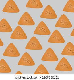 Tasty samsa   pattern on gray  background. Hot samosa traditional india food in cartoon style 