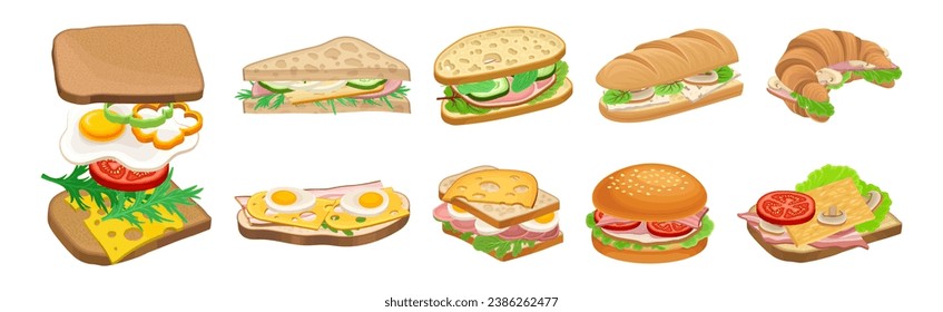 Sándwich sabroso como pan con un conjunto de vectores Stuffings