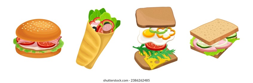 Tasty Sandwich as Bread with Different Stuffings Vector Set