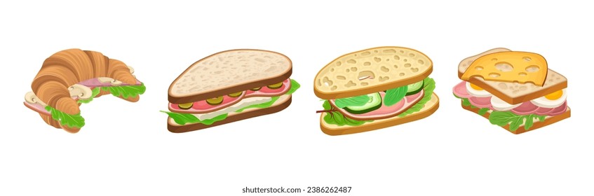 Tasty Sandwich as Bread with Different Stuffings Vector Set