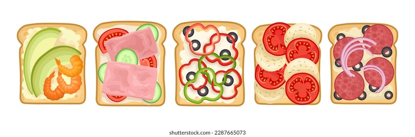 Tasty Sandwich and Bread Slice or Toast with Topping Vector Set