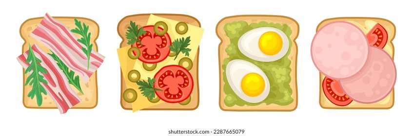 Delicioso sándwich y rebanada de pan o tostada con un conjunto de vectores de corte