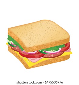 Tasty sandwich with cheese, salami and vegetables on white background, vector illustration 