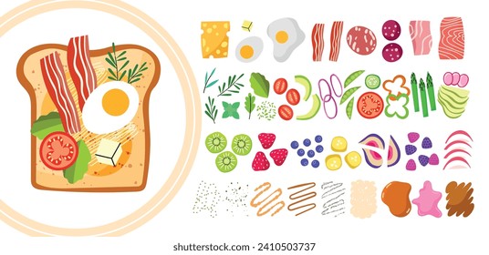 Tasty sandwich constructor. Various edible ingredients, salty and sweet foods, toppings types, meat and vegetables, top view, vector set.eps
