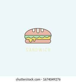 Tasty Sandwich. Fastfood meal. Junkfood. Minimalistic Icon. Logo template. Colored vector Illustration. Black outline. Cartoon style, simple flat design. Isolated on a blue background