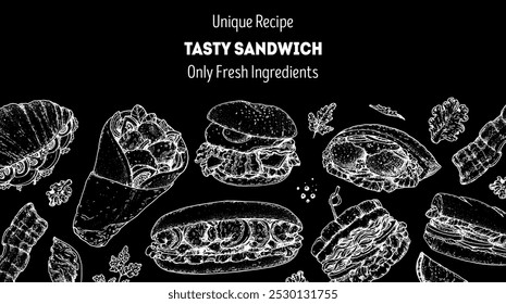Moldura de sanduíche saborosa. Modelo de design de menu. Esboços em sanduíche. Receita exclusiva. Ilustração de vetor desenhada à mão.	