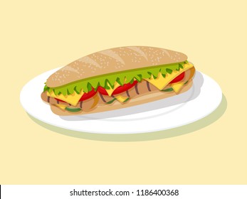 Tasty sandwich with meat, salad and vegetables on the white plate.