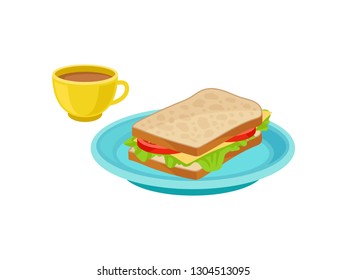 Tasty sandwich on blue plate and fresh coffee in yellow cup. Delicious food. Traditional breakfast. Flat vector design