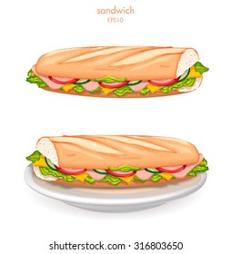 Tasty sandwich (on white plate), Vector illustration