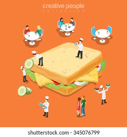 Tasty sandwich restaurant fast food menu flat 3d isometry isometric concept web vector illustration. Huge cheese salad vegetable square sandwich micro cook table visitor. Creative people collection.