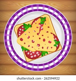 Tasty sandwich with salami on bright plate placed on wooden table. Vector image can be used for restaurant and cafe menu design, food posters, print cards and other crafts.
