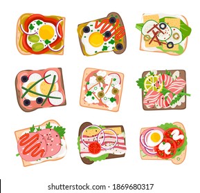 Tasty sandwich set. Cartoon burgers with fresh tomato and onions, toasted ham and cheese, grilled eggs and bacon, vector illustration of hamburgers isolated on white background