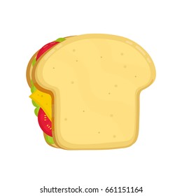 Tasty sandwich. Vector modern flat style cartoon illustration. Isolated on white background. Bread with cheese,salad,tomato