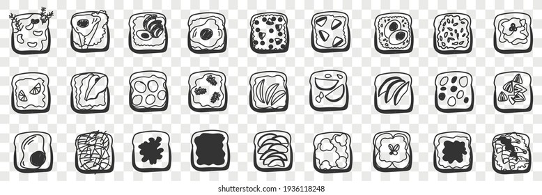 Tasty sandwiches for breakfast doodle set