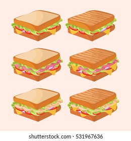 Tasty sandwiches with different fillings. Vector illustration.