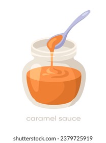 Tasty sauce in plate. Ingredient for tasty dishes. Cafe or restaurant menu. Caramel sauce in glass bowl. Template and layout. Cartoon flat vector illustration isolated on white background