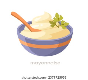 Tasty sauce in plate. Ingredient for tasty dishes. Cafe or restaurant menu. Mayonnaise in bowl. Graphic element for website. Cartoon flat vector illustration isolated on white background