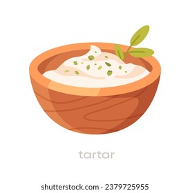 Tasty sauce in plate. Ingredient for tasty dishes. Cafe or restaurant menu. Tartar in bowl. Sticker for social networks and messengers. Cartoon flat vector illustration isolated on white background