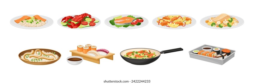 Tasty Seafood Dish and Served Meal Vector Set