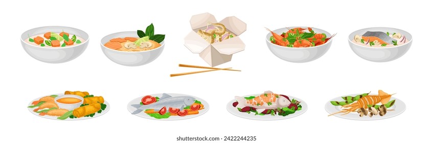 Tasty Seafood Dish and Served Meal Vector Set