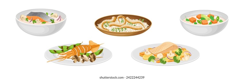 Tasty Seafood Dish and Served Meal Vector Set
