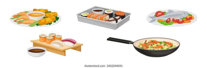 Tasty Seafood Dish and Served Meal Vector Set