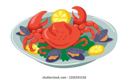 Tasty seafood dish served on plate in restaurant or cafe, crab with mussels and lemon slices. Crustacean food in diner, breakfast or dinner Mediterranean menu for visitors. Vector in flat style